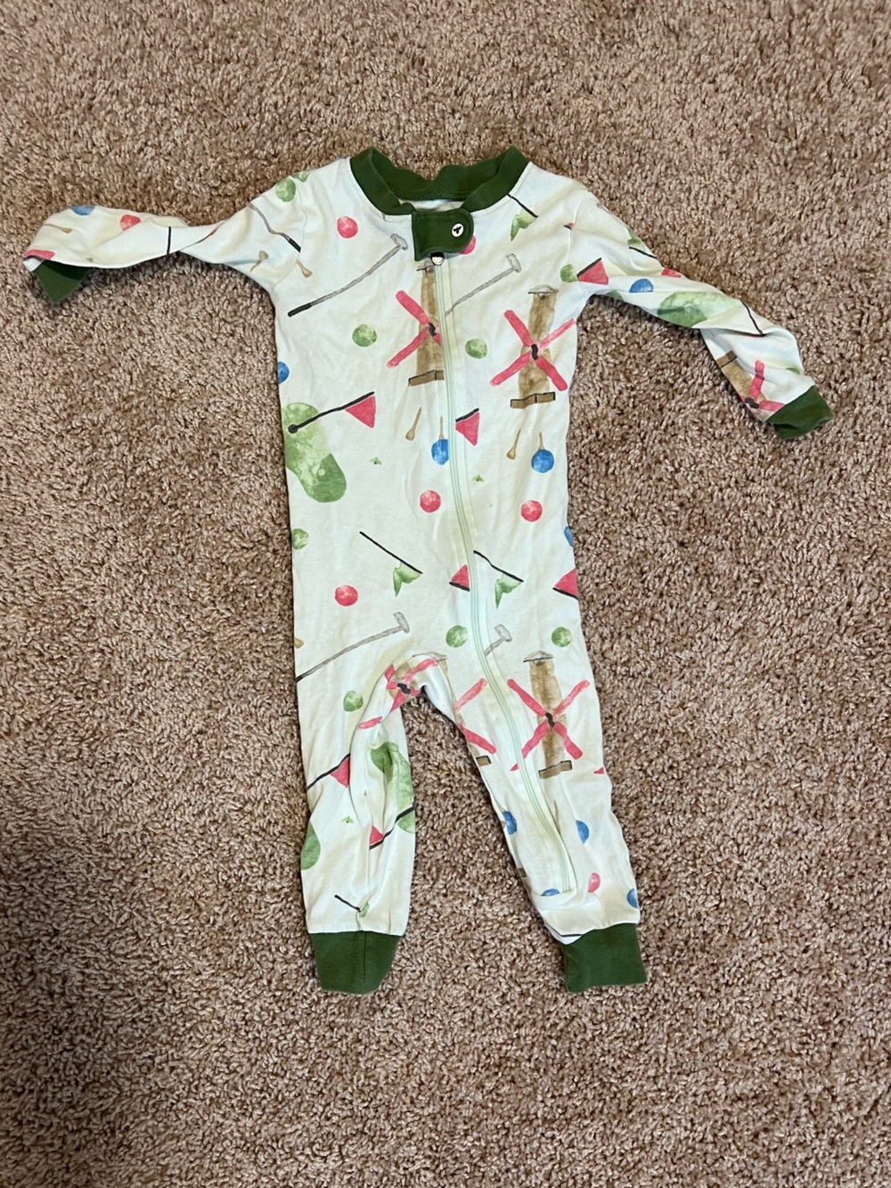 Boys 12M One-Piece Pajama with Green Trim and Playful golf Print